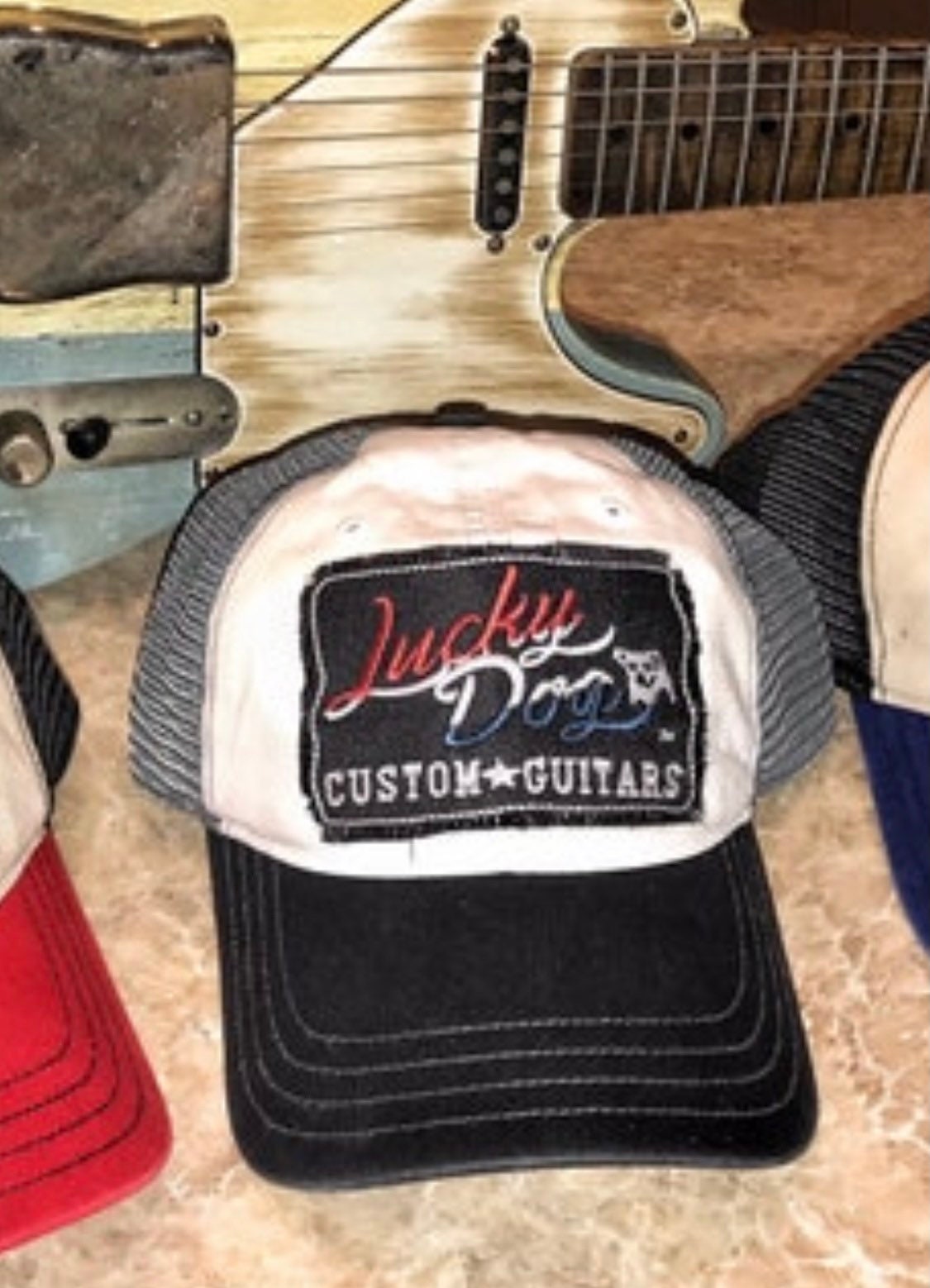 Lucky Dog Guitars Red White "low profile" Mesh Trucker Ball Cap Hat non-structured crown - Regular size - Multiple Color Options