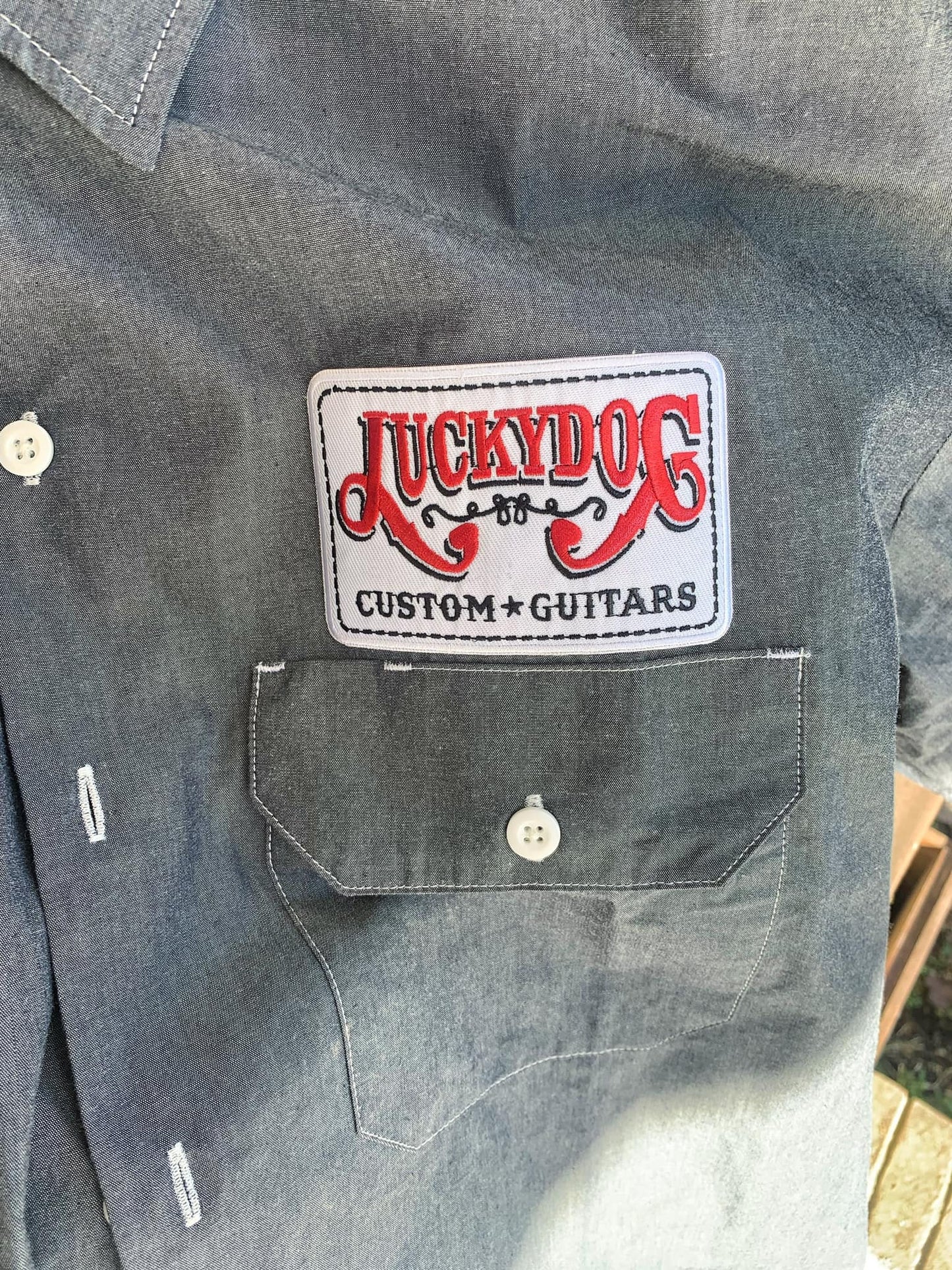 Lucky Dog Guitars work button down short sleeve shirt mechanic patch shop greaser rockabilly dickies uniform hotrod custom pickguard knobs USA