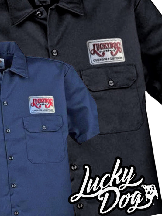 Lucky Dog Guitars work button down short sleeve shirt mechanic patch shop greaser rockabilly dickies uniform hotrod custom pickguard knobs USA