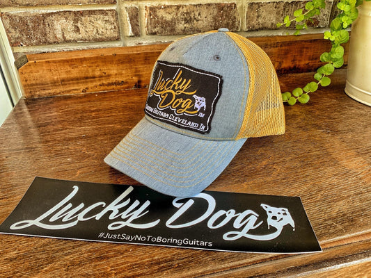 Lucky Dog Guitars light denim and gold/sand Mesh Trucker Ball Cap Hat w/ structured crown - Regular size - USA - Buck Owens - Country Music