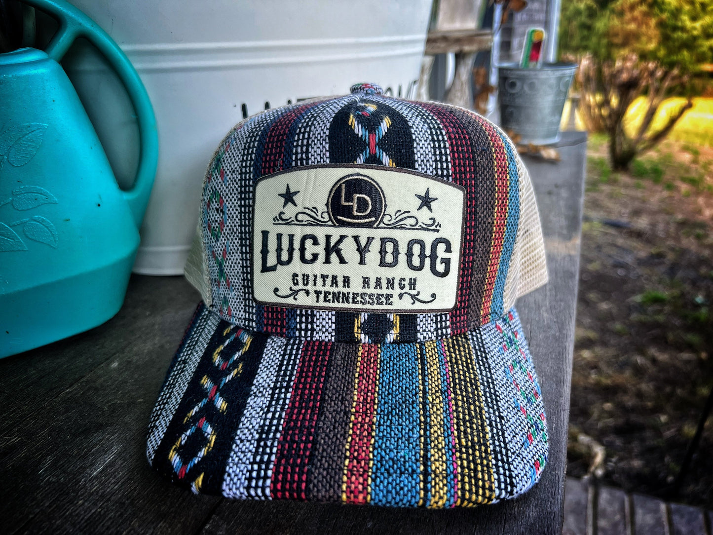 Lucky Dog Guitars High-Crown beige mesh Poncho Southwest trucker Ball Cap Hat  - Regular size - USA - Truckstop cowboy