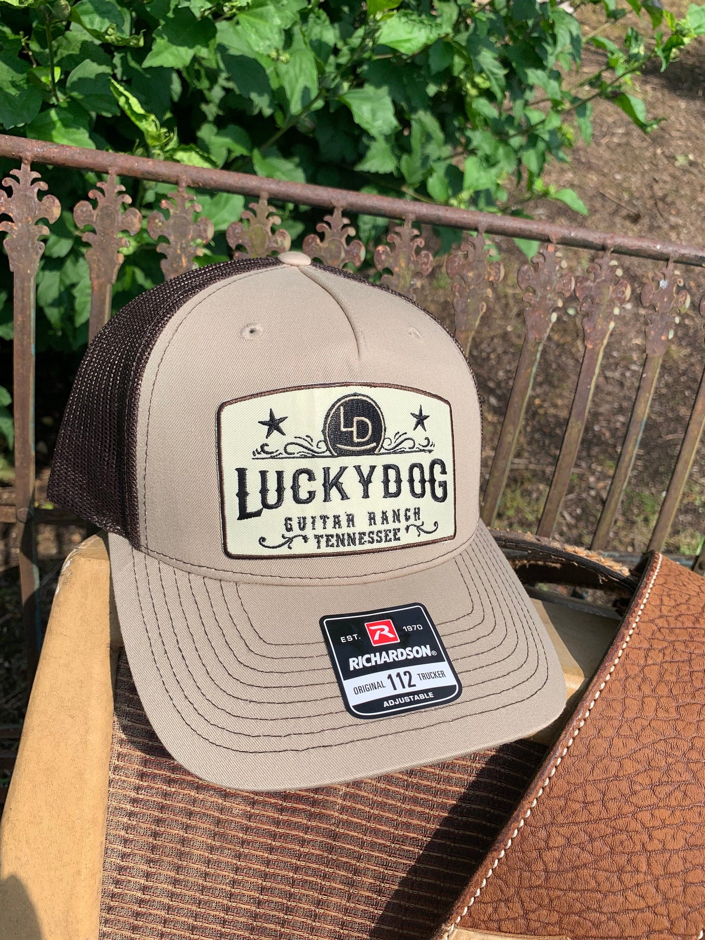 Lucky Dog Guitars Trucker Beige w/brown Mesh Ball Cap Hat w/ 2 patch options -