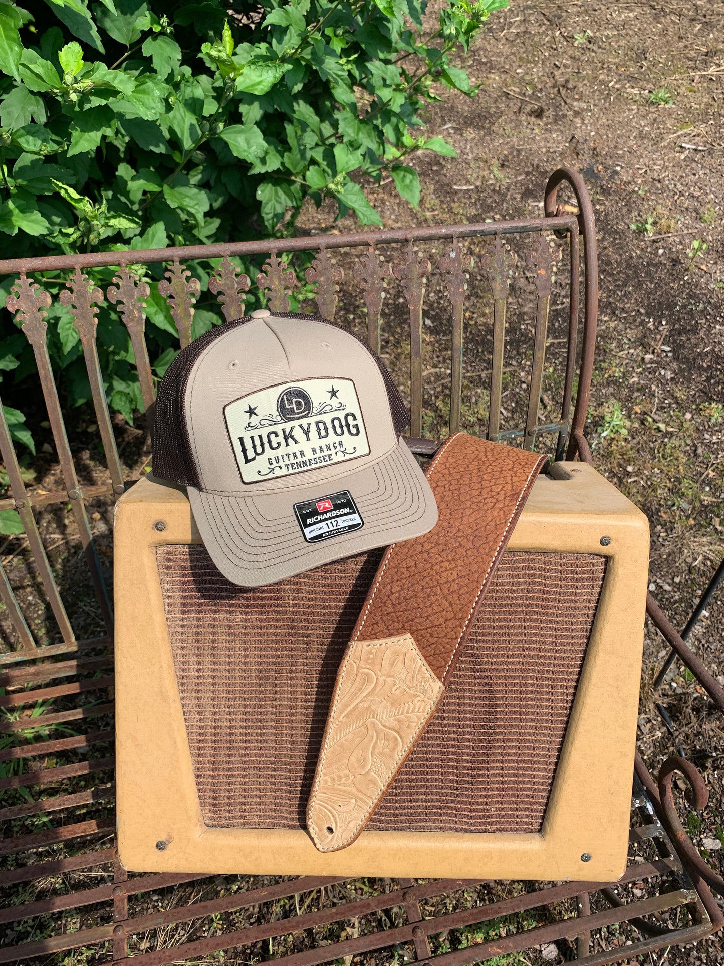 Lucky Dog Guitars Trucker Beige w/brown Mesh Ball Cap Hat w/ 2 patch options -