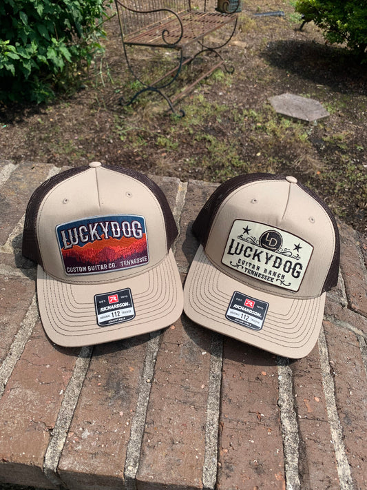 Lucky Dog Guitars Trucker Beige w/brown Mesh Ball Cap Hat w/ 2 patch options -