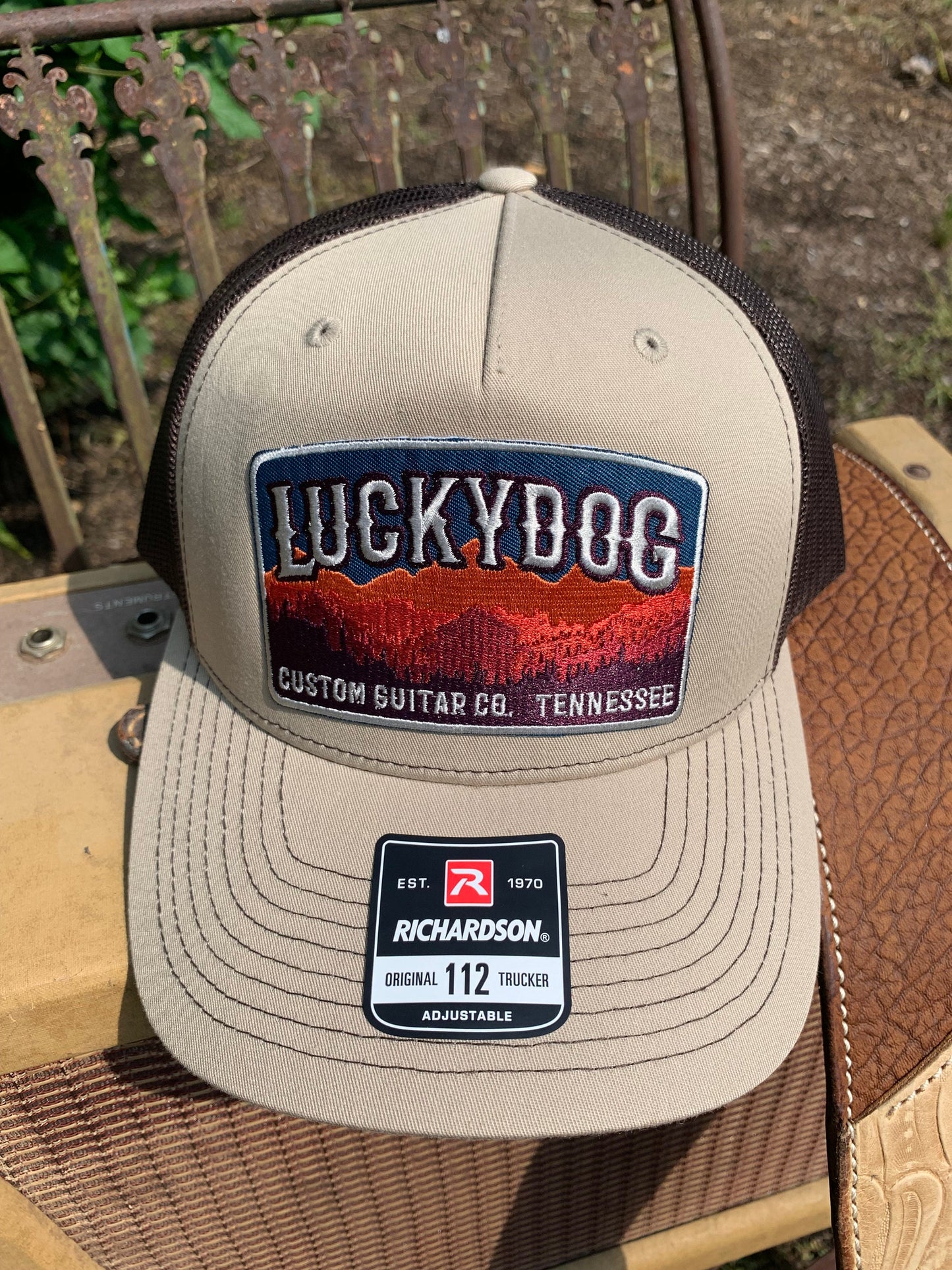 Lucky Dog Guitars Trucker Beige w/brown Mesh Ball Cap Hat w/ 2 patch options -