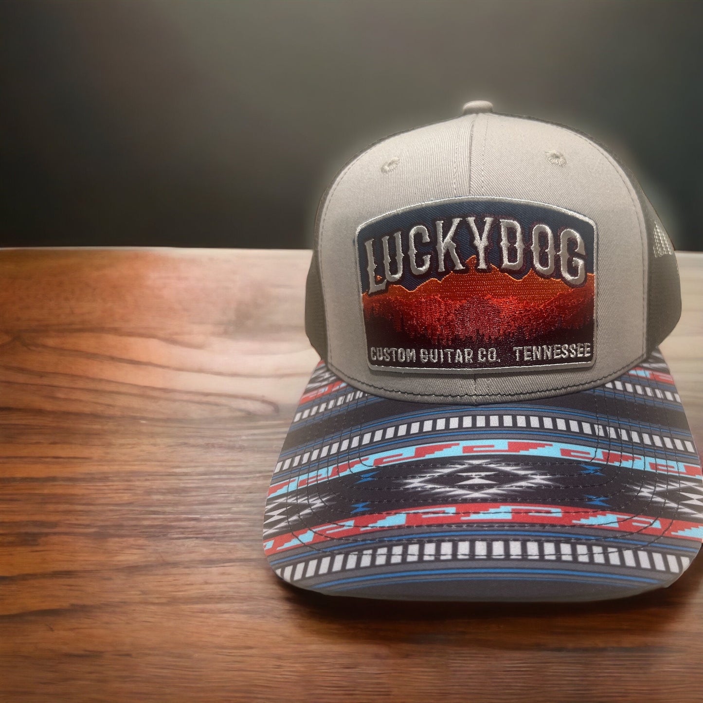 Lucky Dog Guitars Aztec gray/blue bill trucker mesh ballcap southwest western cowboy tennessee