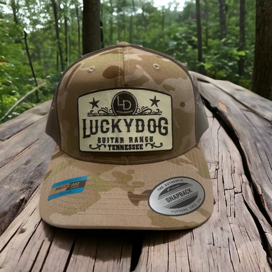 Lucky Dog Guitars Regular Size light brown/green Camo & brown Mesh Trucker Hat w/ 2 patch options Truckstop Outlaw Retro Country Camouflage