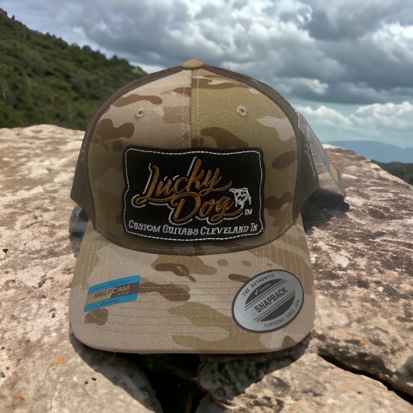 Lucky Dog Guitars Regular Size light brown/green Camo & brown Mesh Trucker Hat w/ 2 patch options Truckstop Outlaw Retro Country Camouflage