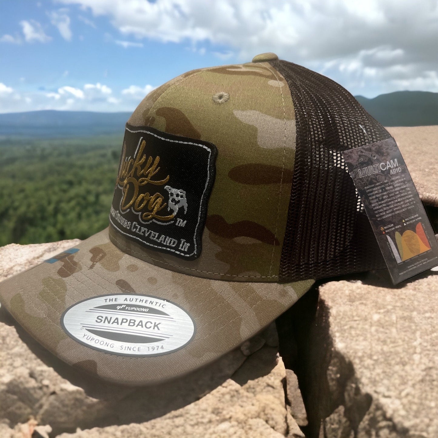 Lucky Dog Guitars Regular Size light brown/green Camo & brown Mesh Trucker Hat w/ 2 patch options Truckstop Outlaw Retro Country Camouflage