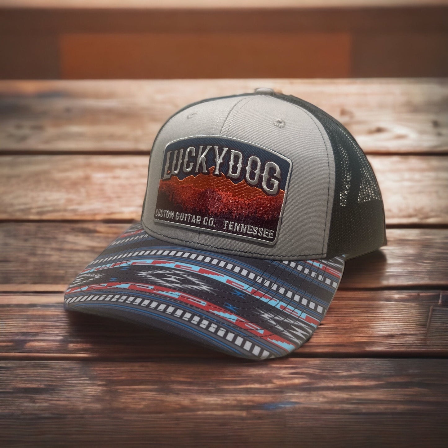 Lucky Dog Guitars Aztec gray/blue bill trucker mesh ballcap southwest western cowboy tennessee