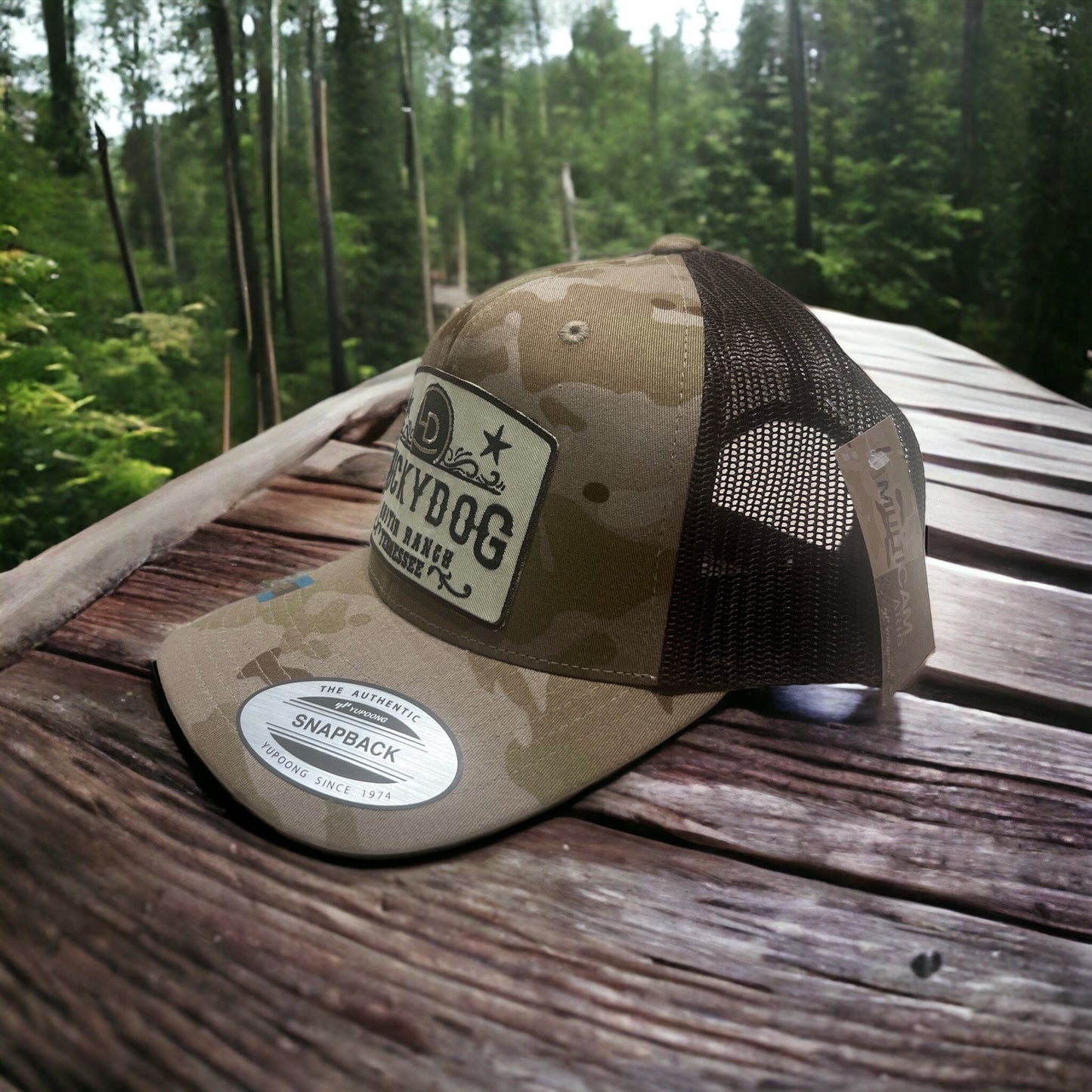 Lucky Dog Guitars Regular Size light brown/green Camo & brown Mesh Trucker Hat w/ 2 patch options Truckstop Outlaw Retro Country Camouflage