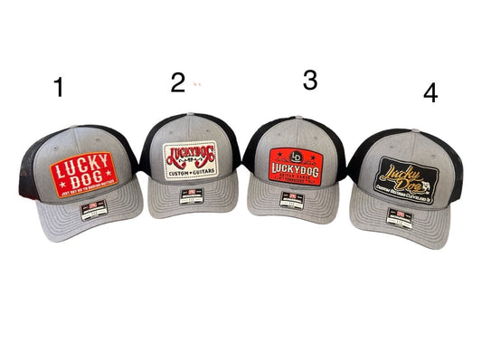 Lucky Dog Guitars Regular Size Heather Gray & Black Mesh Trucker Hat with 4 patch options Truckstop Outlaw Retro Country Punk