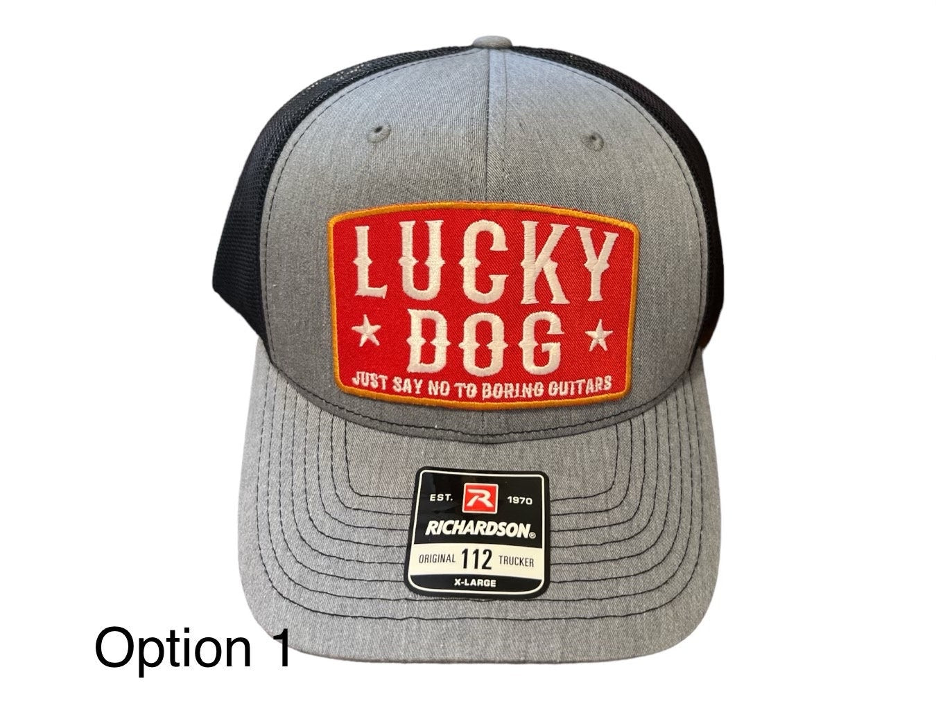 Lucky Dog Guitars Regular Size Heather Gray & Black Mesh Trucker Hat with 4 patch options Truckstop Outlaw Retro Country Punk