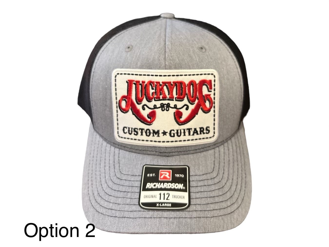 Lucky Dog Guitars Regular Size Heather Gray & Black Mesh Trucker Hat with 4 patch options Truckstop Outlaw Retro Country Punk