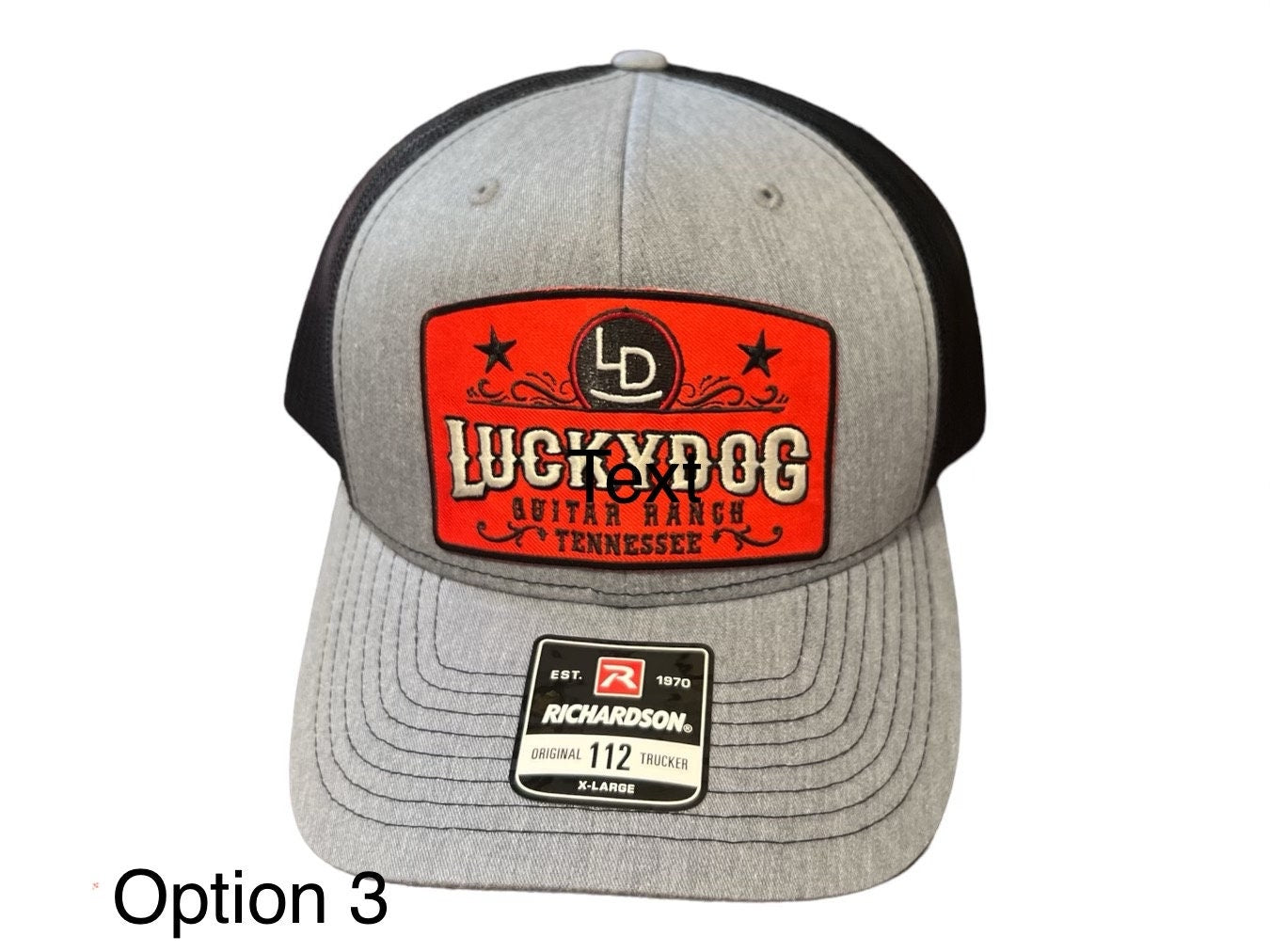 Lucky Dog Guitars Regular Size Heather Gray & Black Mesh Trucker Hat with 4 patch options Truckstop Outlaw Retro Country Punk