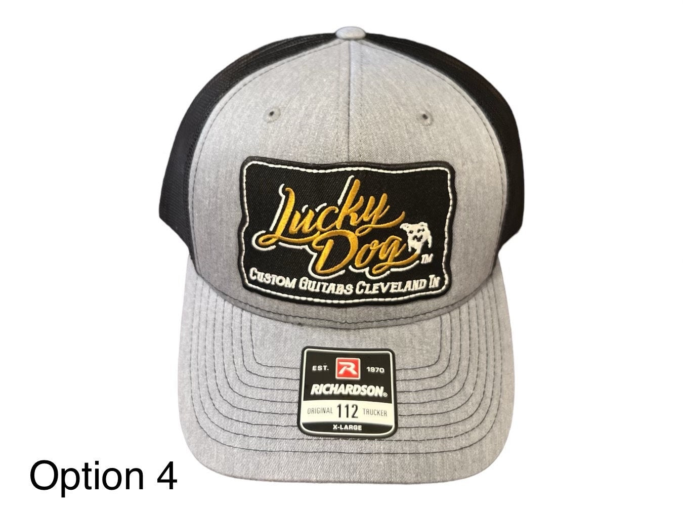 Lucky Dog Guitars Regular Size Heather Gray & Black Mesh Trucker Hat with 4 patch options Truckstop Outlaw Retro Country Punk