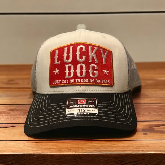 Lucky Dog Guitars Regular size White/black front, Gray Mesh Trucker snapback hat w/patch