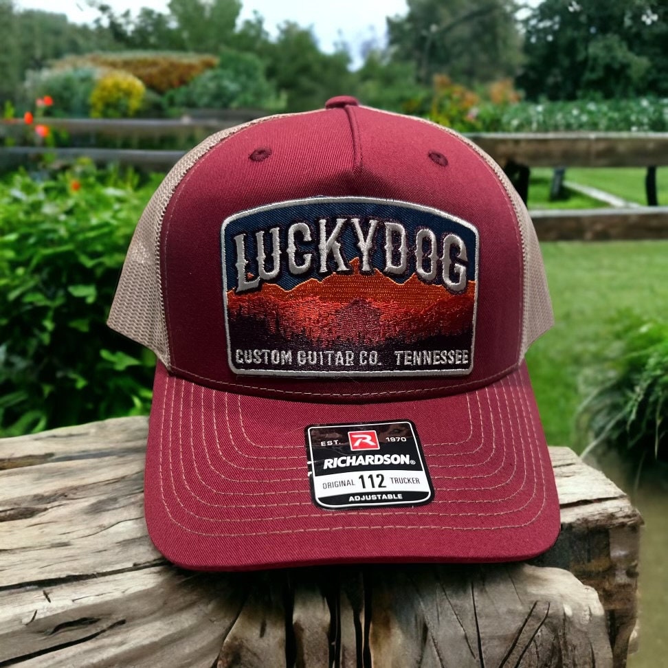 Lucky Dog Guitars Regular size burgundy front, beige Mesh Trucker snapback hat w/patch