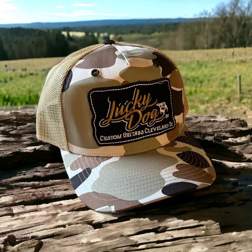 Lucky Dog Guitars Regular Size (hard to find) Duck Brown Camo & beige Mesh Trucker Hat with patch