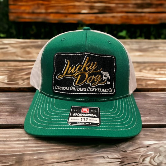 Lucky Dog Guitars Regular size John Deere Green front, white Mesh Trucker snapback hat w/patch