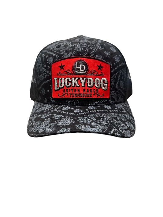 Lucky Dog Guitars unique Black paisley and black Mesh Trucker Ball Cap Hat w/ structured crown and embroidered patch- Regular size