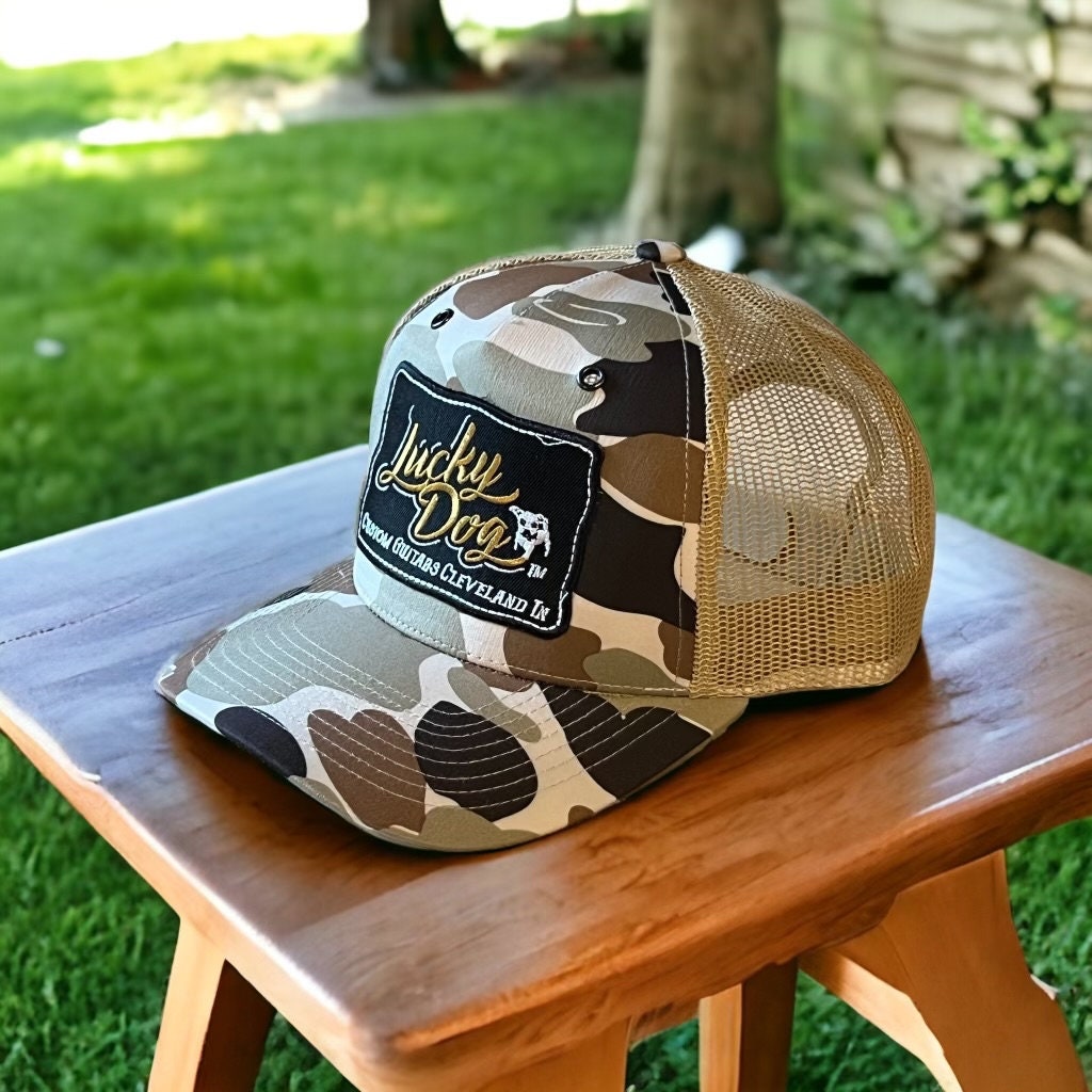 Lucky Dog Guitars Regular Size (hard to find) Duck Brown Camo & beige Mesh Trucker Hat with patch