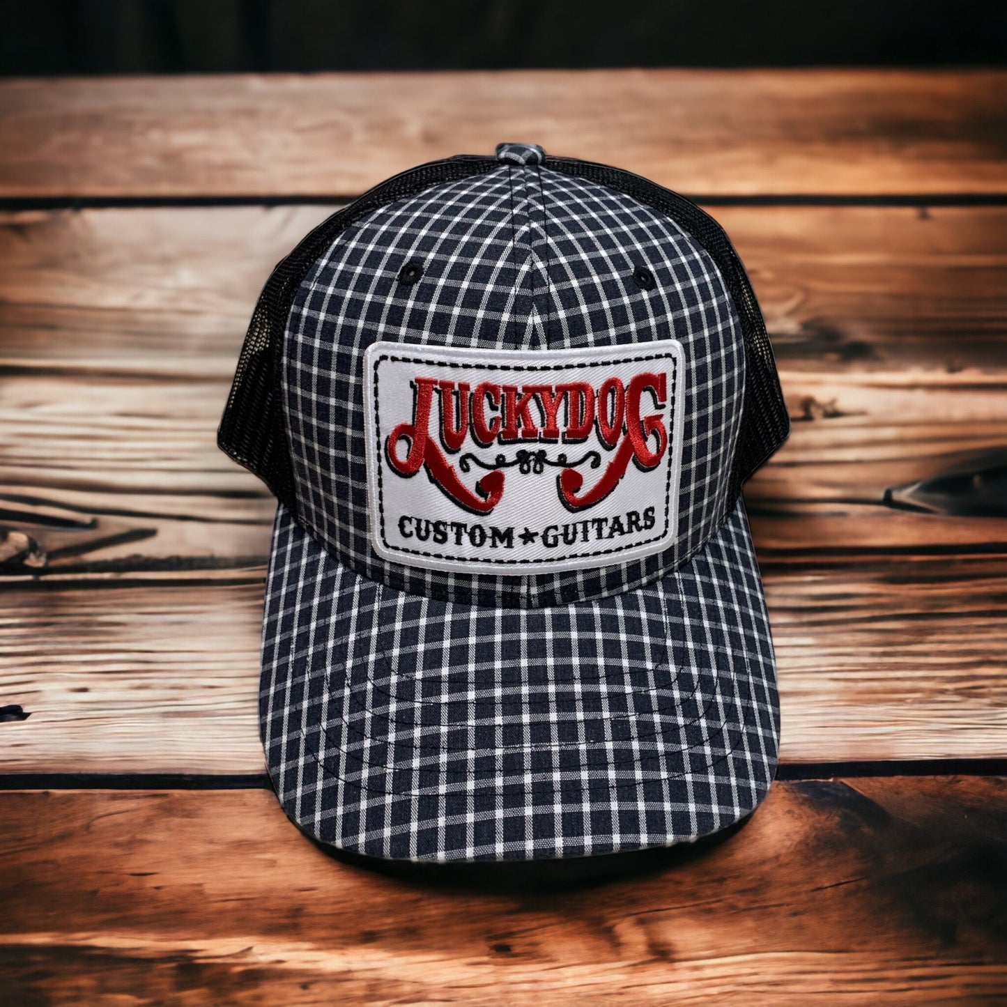 Lucky Dog Guitars unique black and white gingham and black Mesh Trucker Ball Cap Hat w/ structured crown and embroidered patch- Regular size