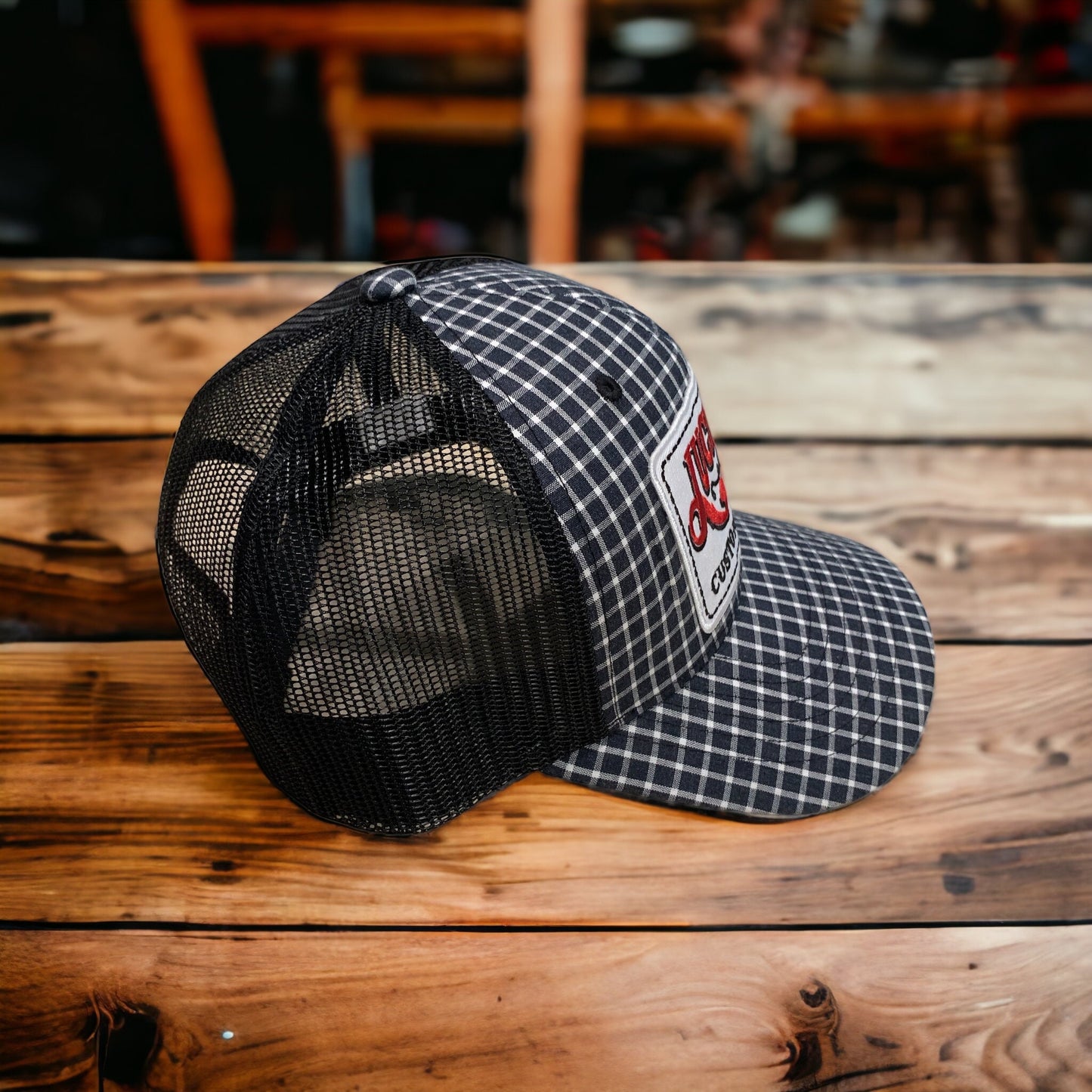 Lucky Dog Guitars unique black and white gingham and black Mesh Trucker Ball Cap Hat w/ structured crown and embroidered patch- Regular size