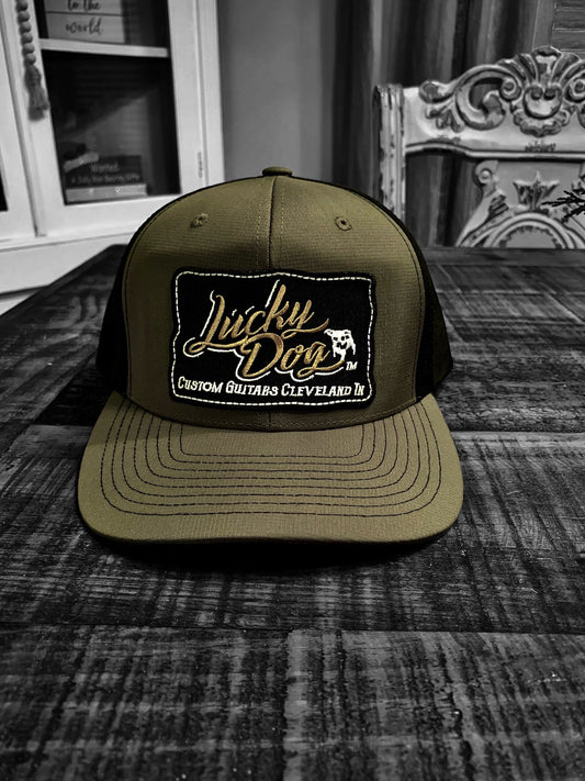 Lucky Dog Guitars Regular size Olive/black Perforated back Trucker snapback hat w/patch