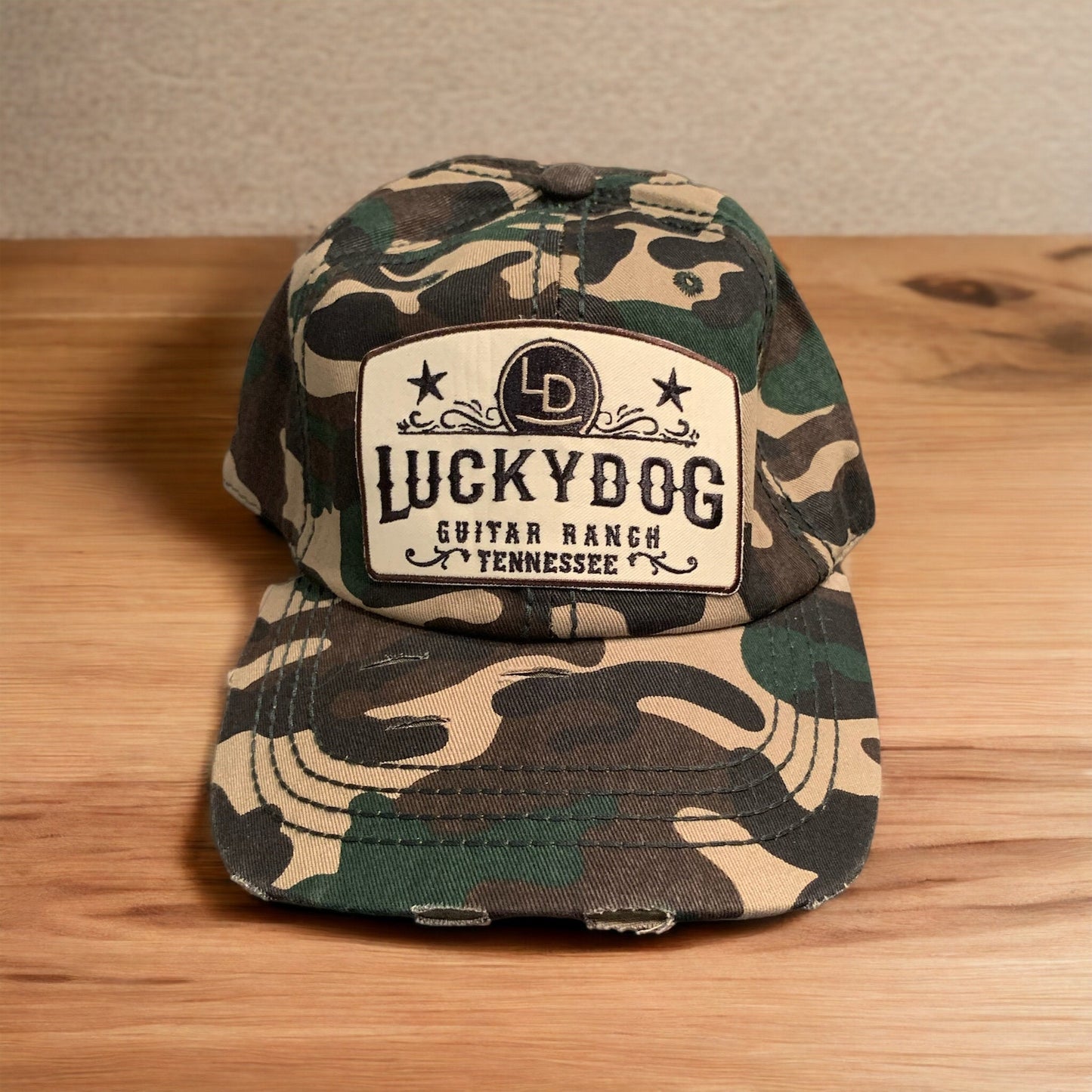 Lucky Dog Regular Size Distressed Vintage Cotton Twill Dad Hat Green Camo.