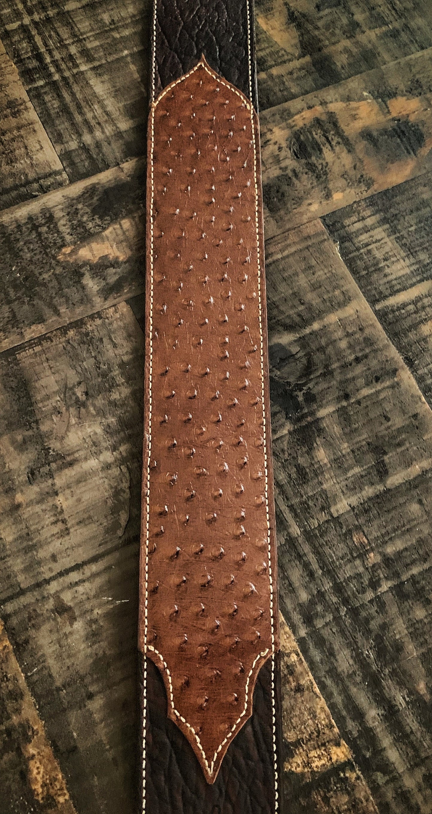 Lucky Dog “Elite 2” dark bison with ostrich embossed leather overlay handmade leather guitar strap - w/ EXTRA WIDE tail strap- made in  USA