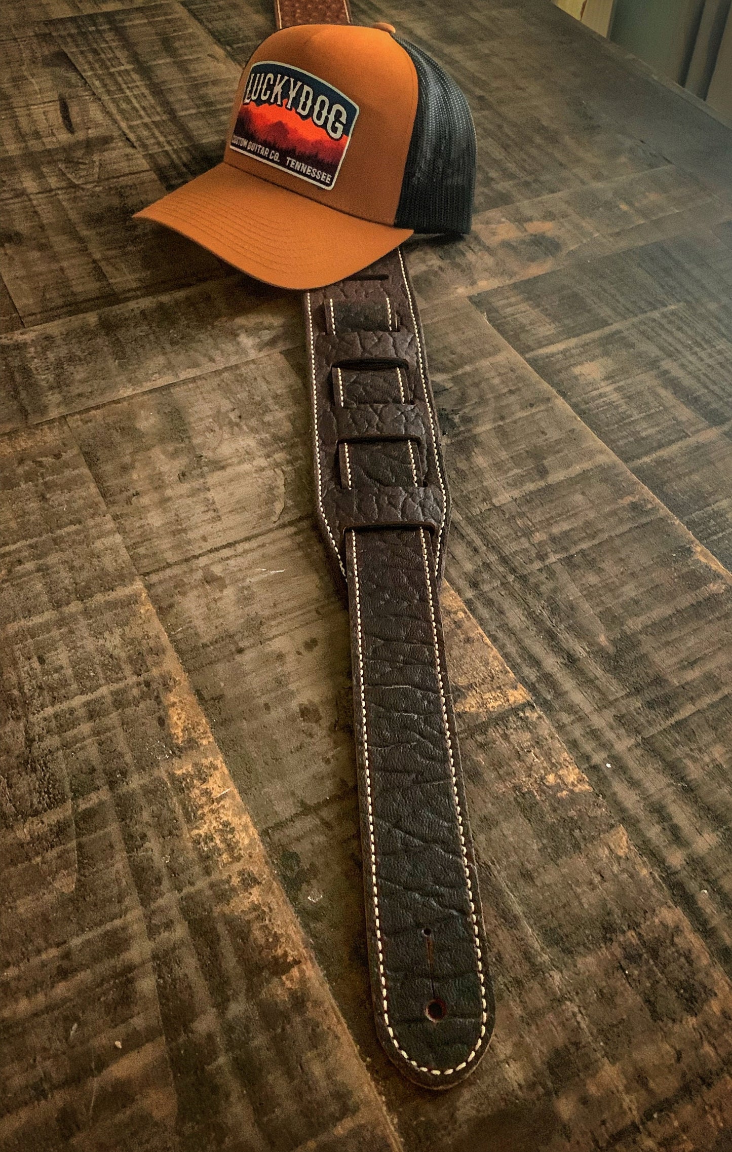 Lucky Dog “Elite 2” dark bison with ostrich embossed leather overlay handmade leather guitar strap - w/ EXTRA WIDE tail strap- made in  USA