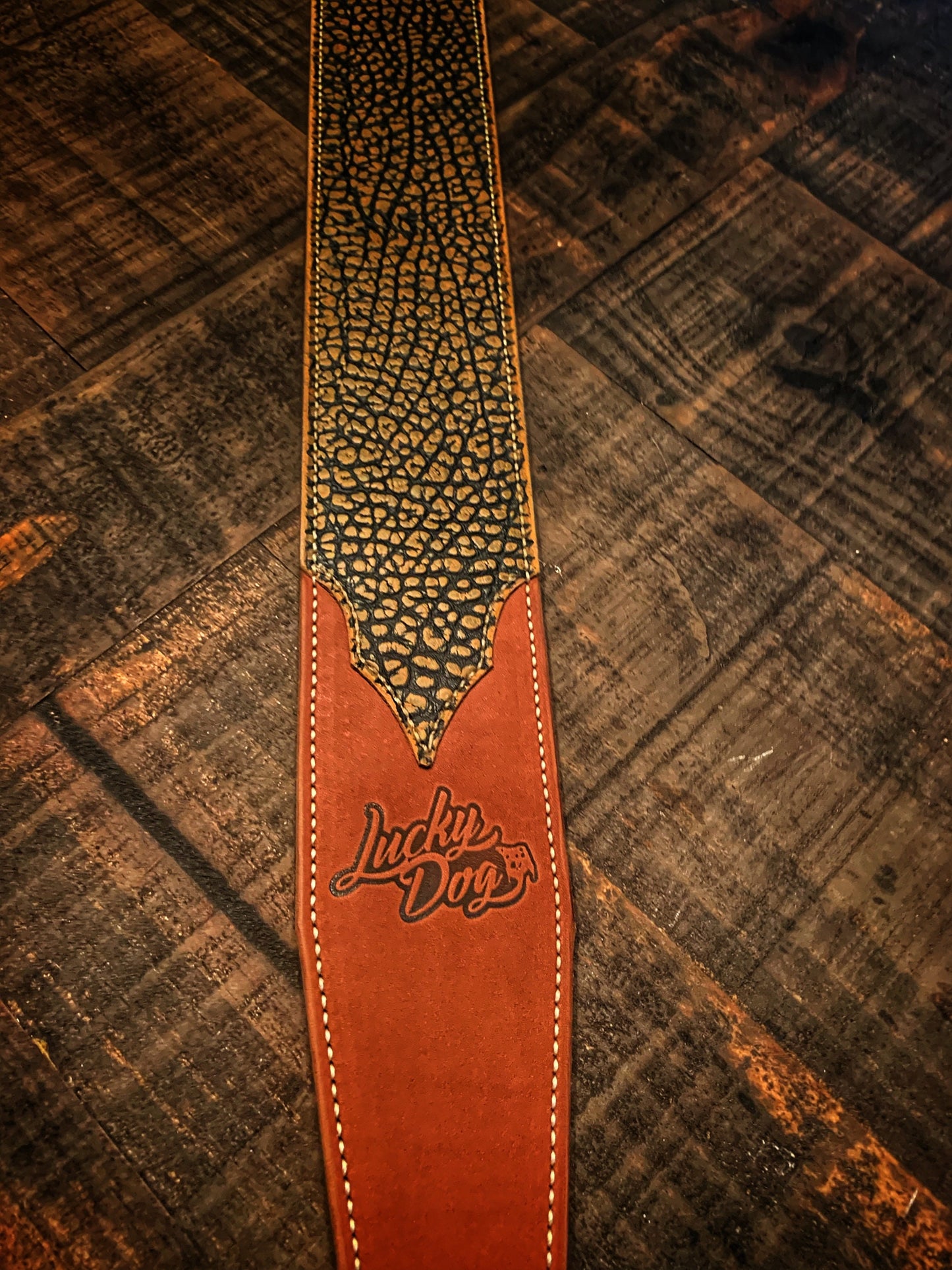 Lucky Dog “Elite 2” Saddle Brown with black/tan bison overlay-handmade leather guitar strap - w/ EXTRA WIDE tail strap- made by hand USA