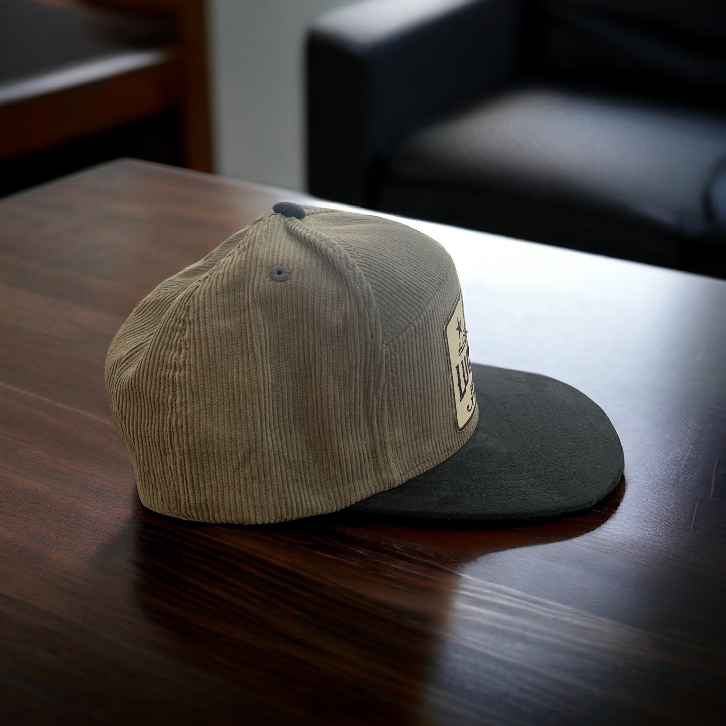 Lucky Dog Guitars Regular Size 6 panel Olive Courdoroy Camper-style hat with black visor and embroidered patch.