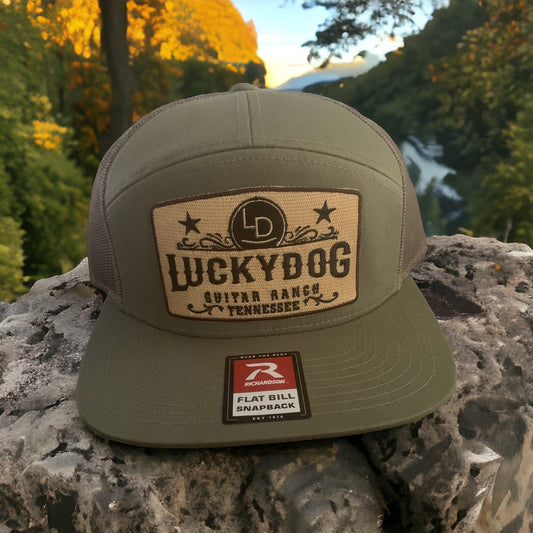 Lucky Dog Guitars Regular Size 7 panel Loden (green) front Green Mesh Camper SnapBack Hat