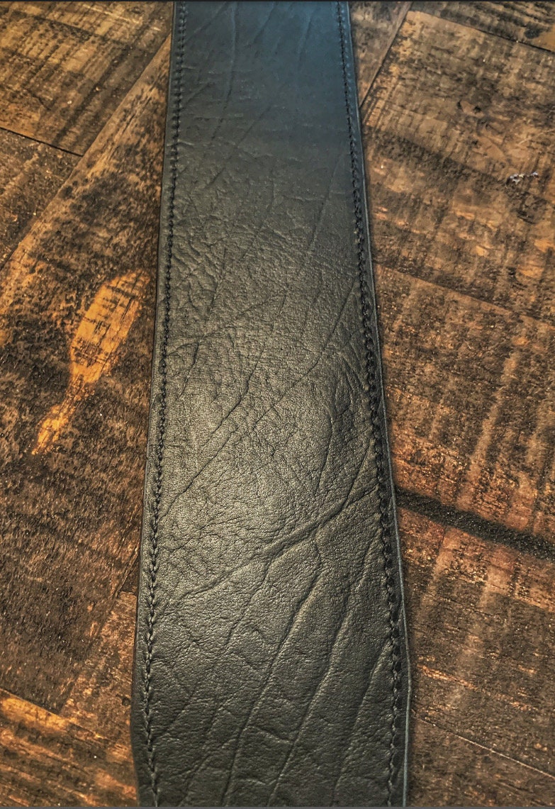 Lucky Dog “Elite 2” Black leather with black bison overlay-handmade leather guitar strap - w/ EXTRA WIDE tail strap- made by hand USA