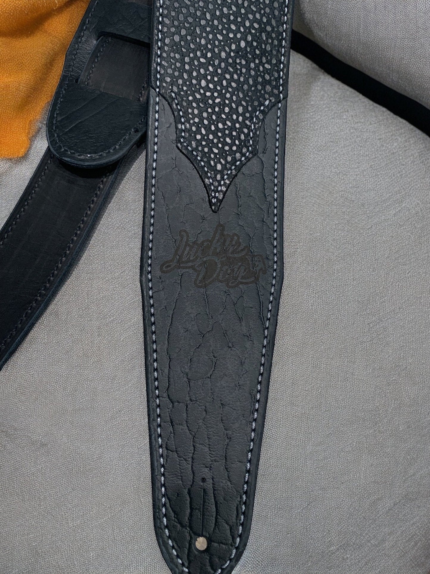 Lucky Dog “Elite 2” Black leather with black bison overlay-handmade leather guitar strap - w/ EXTRA WIDE tail strap- made by hand USA